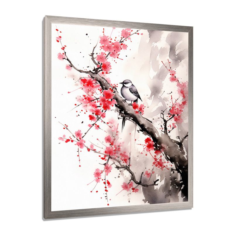 Art asiatique, oiseau Sumi, sérénité - impression, Cadre simple argenté, H 44 po x l 34 po x P 1,5 po