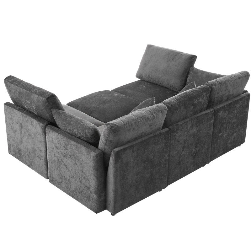 Canapé d'angle en U ou en L de 220 cm avec repose-pieds amovible et deux ports, noir, siège confortable en chenille, structure, coussins amovibles, chargement modulaire, chenille, mousse haute densité, ergonomique