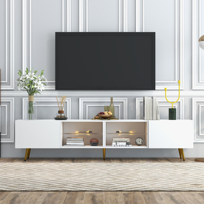 Digno 86.6" TV Stand with LED, and Cabinet Storage, White