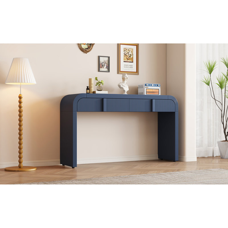 Console moderne avec 2 tiroirs de rangement, table d'entrée cannelée à silhouette arrondie pour le salon et l'entrée, Marine