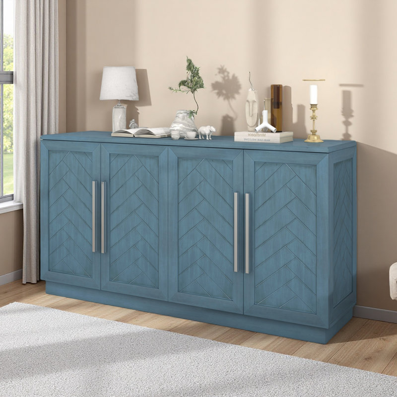 Buffet avec rangement, armoire avec tablettes réglables et poignées argentées, Bleu antique