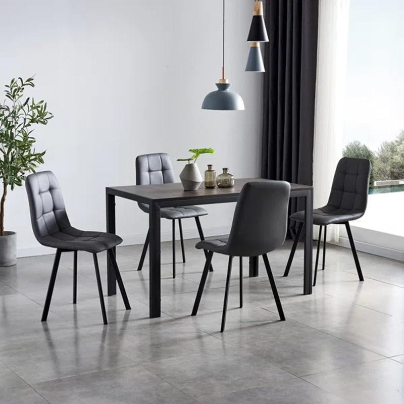 Ensemble de salle à manger 5 pièces moderne avec plateau en grain de bois et chaises rembourrées, siège en similicuir et structure en acier - gris et noir