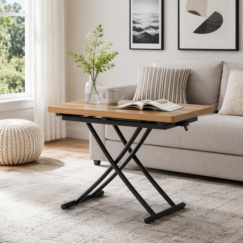 Table relevable multifonctionnelle minimaliste et moderne avec plateau en MDF de 2 cm d'épaisseur et pieds en métal, pouvant servir de coiffeuse, table basse, table à manger ou table de bureau.
