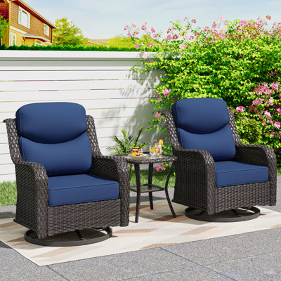 2-Person Outdoor Patio Conversation Rattan Seating Group With Side Table, 2 Swivel Chairs by Red Barrel Studio