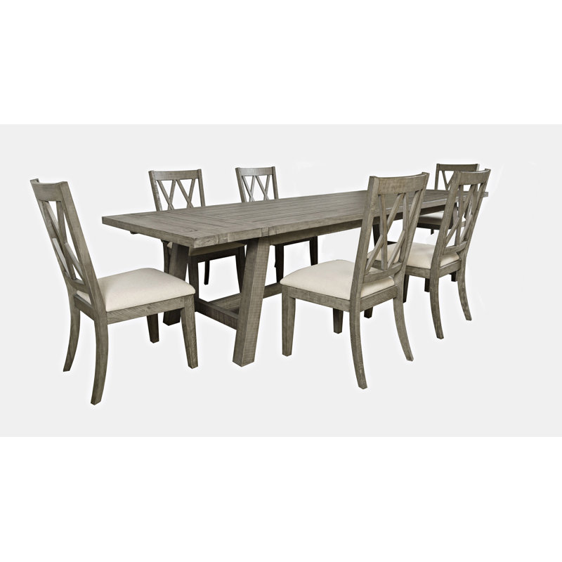 Fahrettin Extendable Pine Solid Wood Top Trestle Base Dining Set, Driftwood Gray, 7 Pieces: Table, 6 Chairs