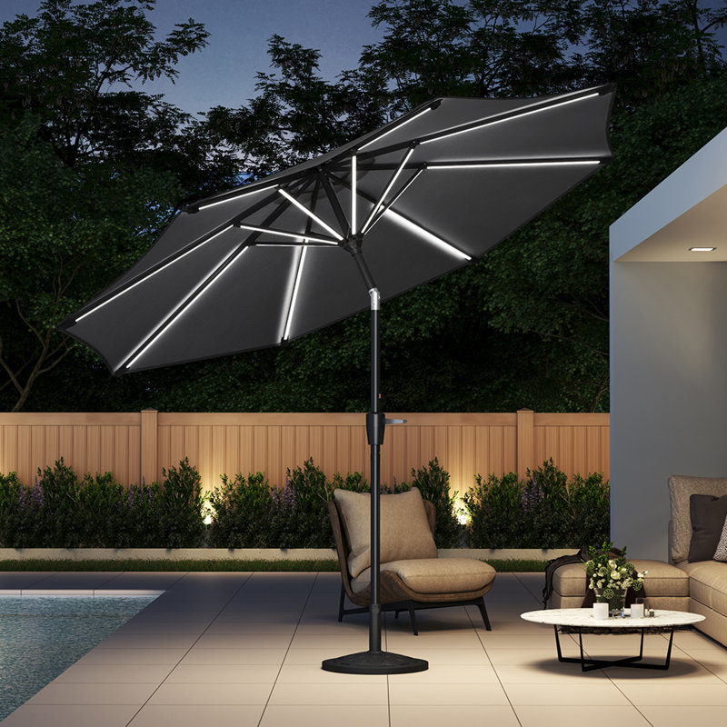 300cm Large Solar Powered LED Patio Umbrella for Outdoor Garden Patio without Base, Black