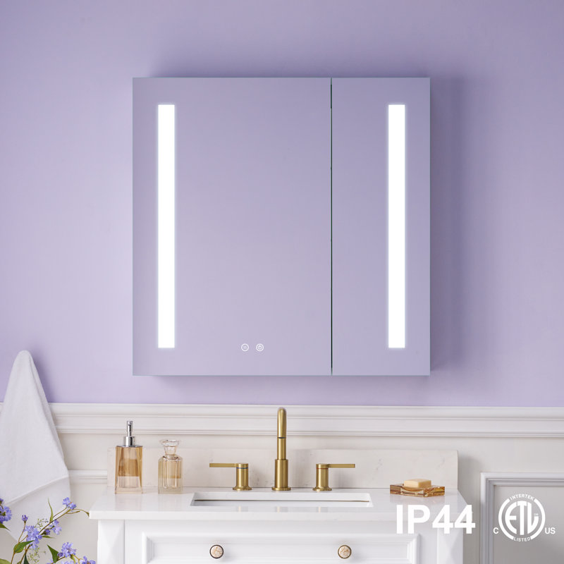 Armoire de salle de bain à miroir encastrée ou à surface pour salle de bain avec tablettes réglables et désembueur