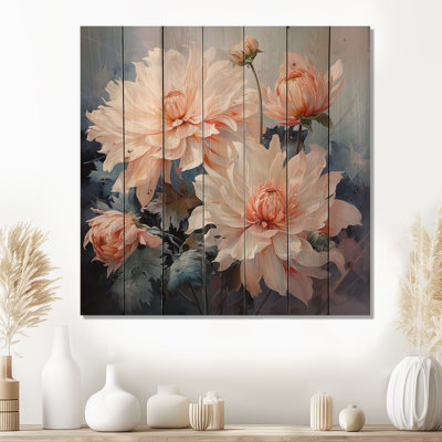 Impression romantique I - impression florale sur bois de pin naturel Peach Chrysanthemums