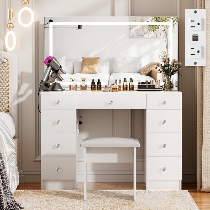 Greyden Vanity Set With LED Mirror & Power Outlets, 9 Drawers with Diamond Handles, White