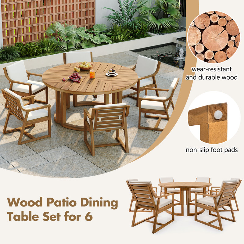 Jorvella 6 - Person Acacia Solid Wood Outdoor Dining Set with Cushions, Light Teak