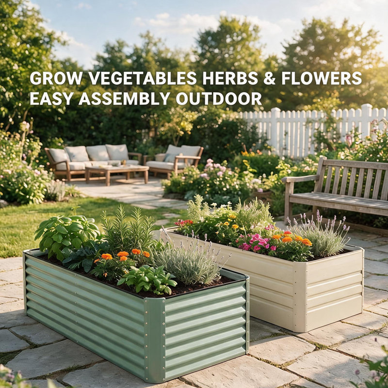 2-Pack Galvanized Steel Raised Garden Bed Planter Boxes, 8x4x2 ft - Open Bottom Metal Outdoor Planter for Vegetables, Flowers & Herbs - Beige & Green, 2 Different Colors