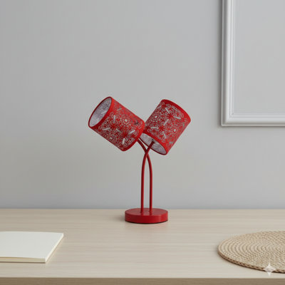 17-Inch Cylindrical Table Lamp With A Bohemian Paisley Pattern, Offering Two Light Sources And Finished In Red