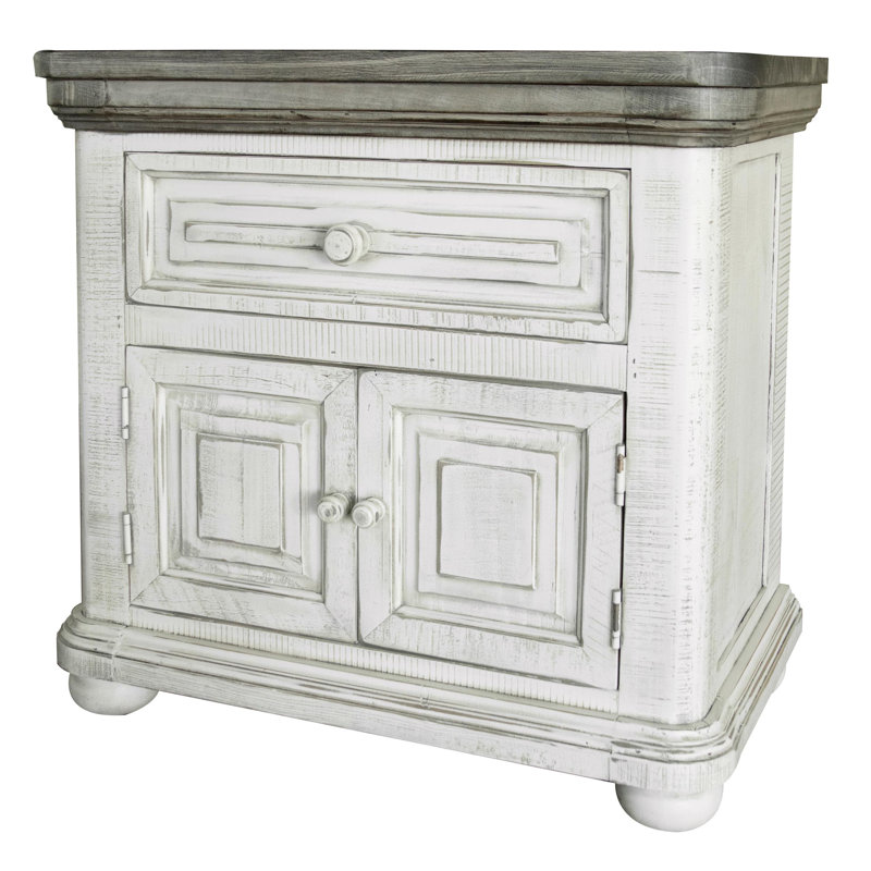 Table de chevet 1 tiroir, 2 portes Luna Grey, Ivoire/Gris