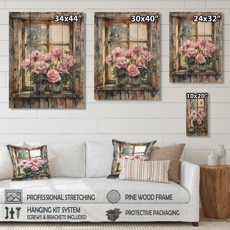 Peonies By The Farmhouse Window II - Peonies Wood Wall Decor - On Natural Pine Wood, 40" H x 30" W x 0.78" D