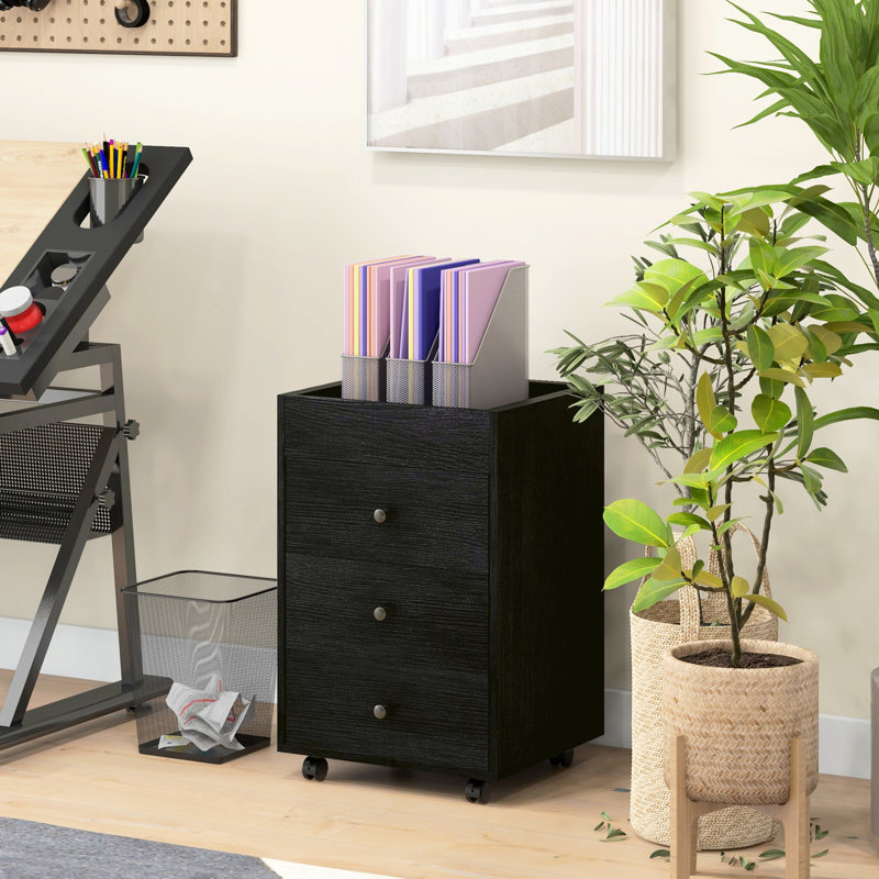 Dark Walnut 3 Drawer Storage Cabinet. Removable Tray & Under Desk Design. Mobility Wheels For Office Convenience 3 Bin, Walnut. Storage. And Transforming Functionality
