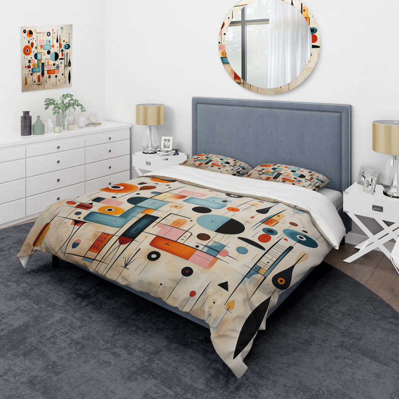 Ensemble de housse de couette rose et bleu Mid Century Whimsical Wonders III - Abstract Midcentury