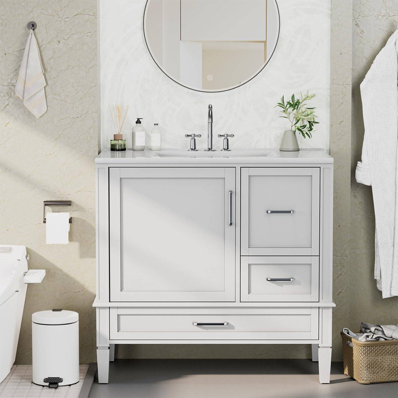36" Bathroom Vanity with Sink – Freestanding Single Basin with Ceramic Combo, 4 Raised Solid Wood Legs, Soft-Close Door, 3 Drawers, and U-Shaped Organizer for Modern Bathroom Storage, White