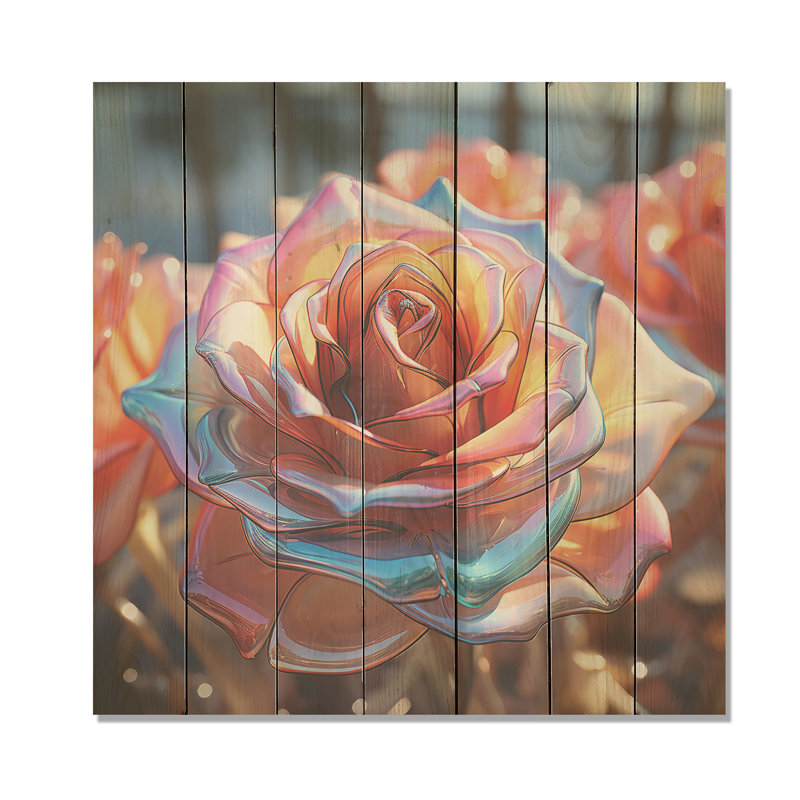 Beauté rose translucide, arc-en-ciel, pétales de rose - rose sur bois, H 25 po x l 25 po