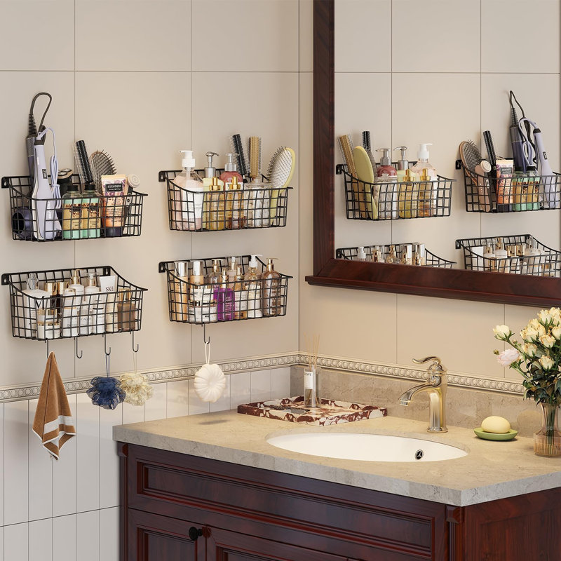 Paquet de 4 paniers muraux suspendus pour l'organisation, grand panier en métal pour le garde-manger avec crochet 5 S + 4 crochets adhésifs, tablette murale pour la salle de bain