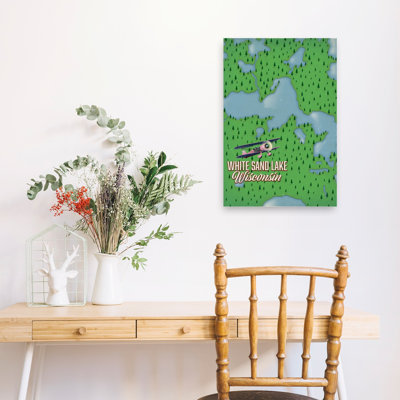 Biplane Over White Sand Lake Retro Vintage Abstract Forest Nature Wall Art Print 1 Piece Wrapped Canvas Wall Art