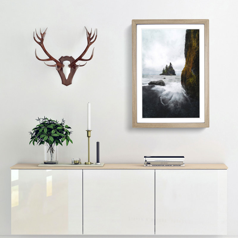 Ocean View from Black Sand Beach Iceland - Picture Frame Painting Print, 33cm H x 24cm W x 2cm D, Oak Framed