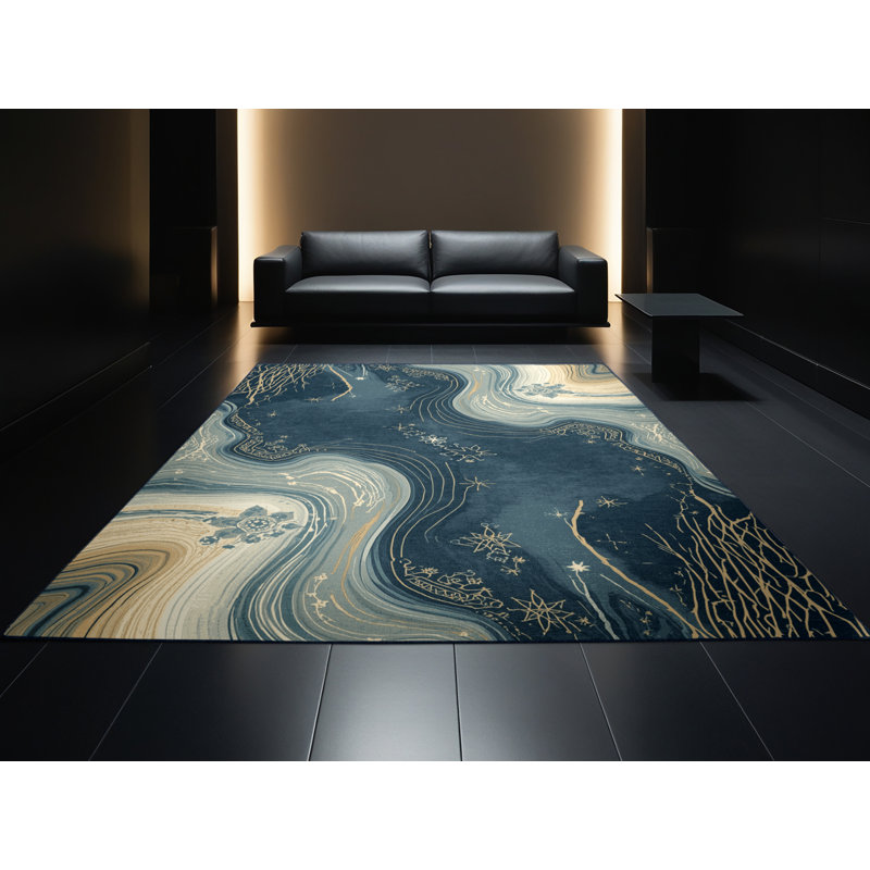 Tapis marocain d'inspiration mondiale Orionna lavable à la machine - reliure bleu marine, 8 x 12