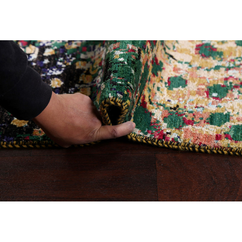 Tapis unique en laine / soie noué à la main 4 pi 1 po x 6 pi 1 po bleu / rose / vert / noir New Age