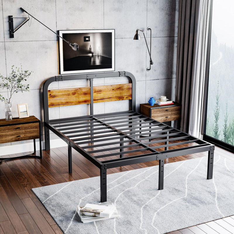 Queen Size Black Metal Platform Bed with 40-Inch Solid Wood Headboard, Underbed Storage, Noise-Free Support, No Box Spring Needed