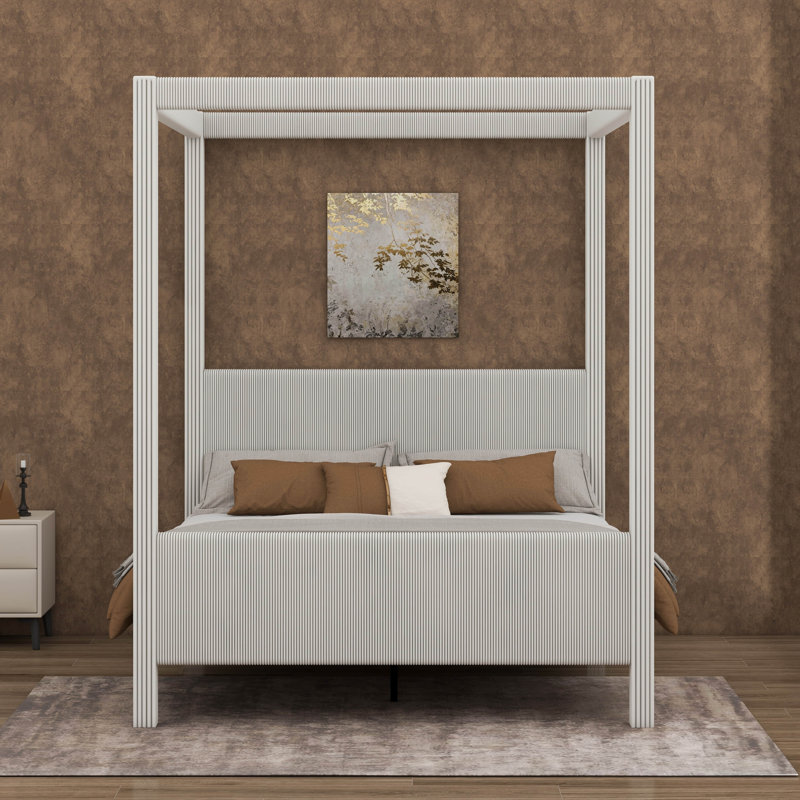 Lit à baldaquin en bois avec tête et pied de lit capitonnés et cannelés, Grand lit, Beige
