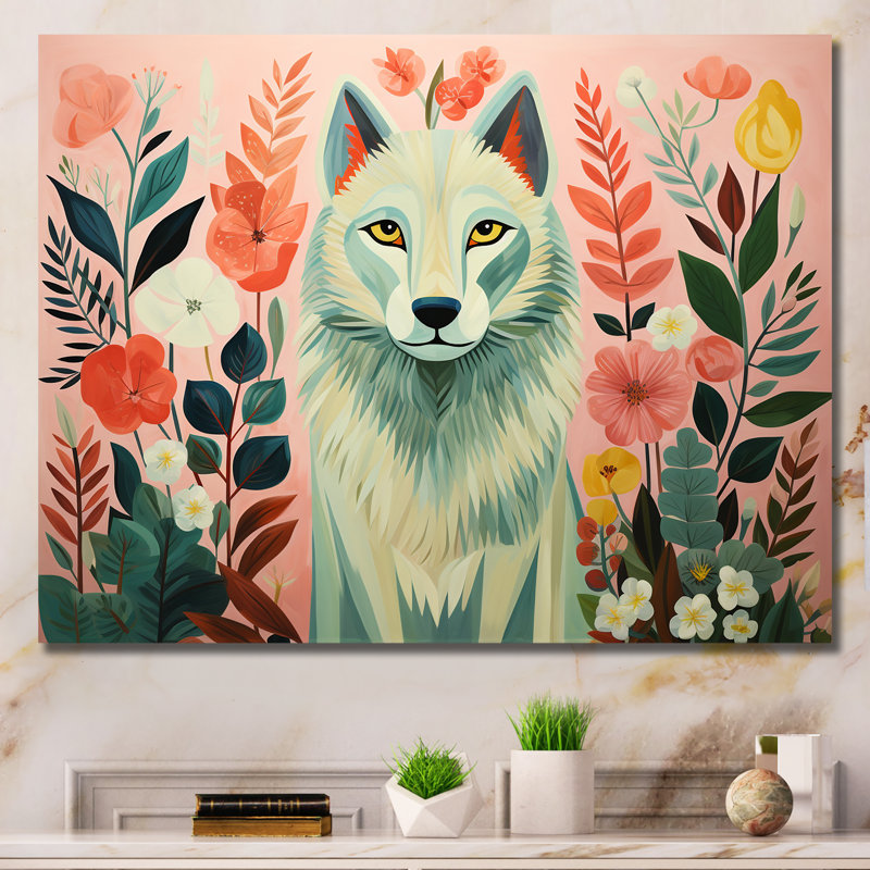 Portrait de loup bohémien rose et vert V - loup, art mural, Cadre flottant noir, H 24 po x l 32 po x P 1 po