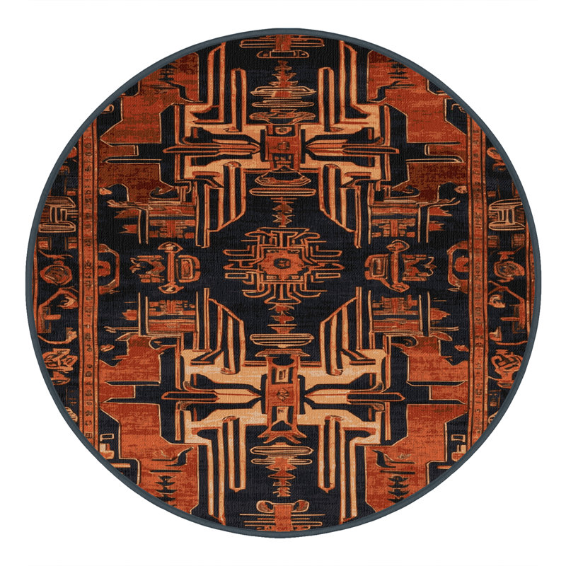 Tapis art déco brun lavable à la machine, Rond 4 pi