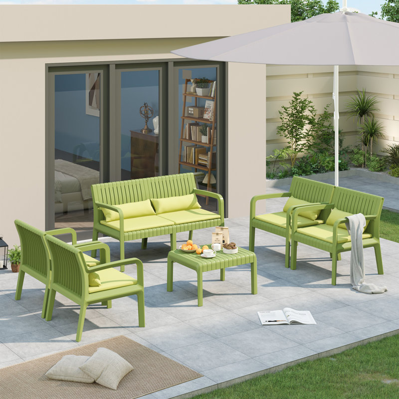 Ensemble de conversation d'extérieur 6 personnes avec coussins et table basse, Vert