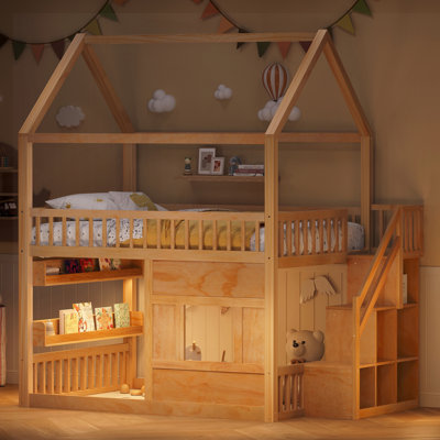 Full size Wooden House Bed with Built-in LED Shelf Light