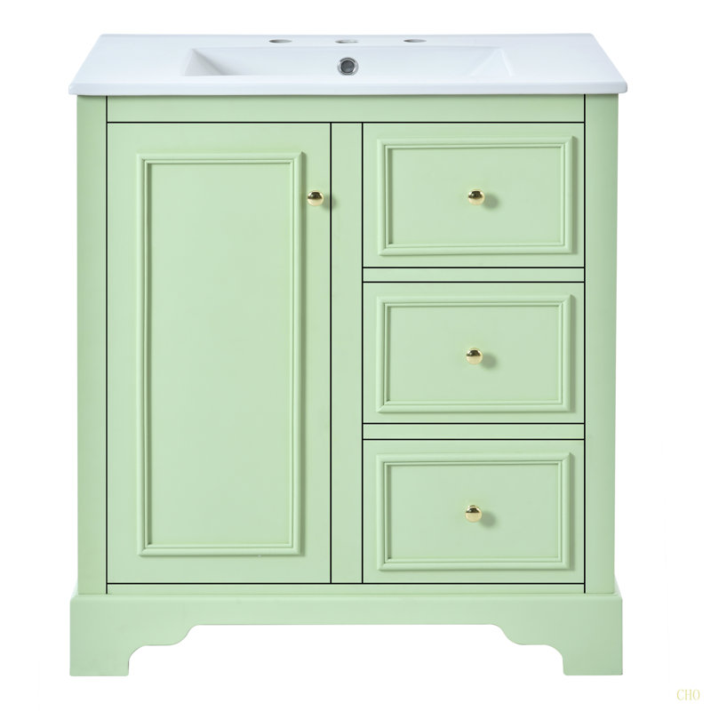 Armoire de meuble-lavabo 30 po avec lavabo en céramique, 3 tiroirs et tablettes réglables, Vert