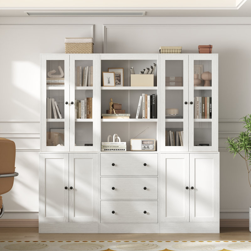 Bibliothèque standard 71'' H L avec portes en verre trempé et éclairage DEL (A+2B), White