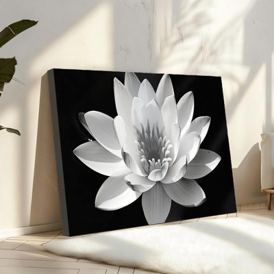 Black and White Lotus Flowers Pictures Water Lily Canvas Prints Bathroom Decor Spa,16" X 24" inch，Solid Wood Frame Support