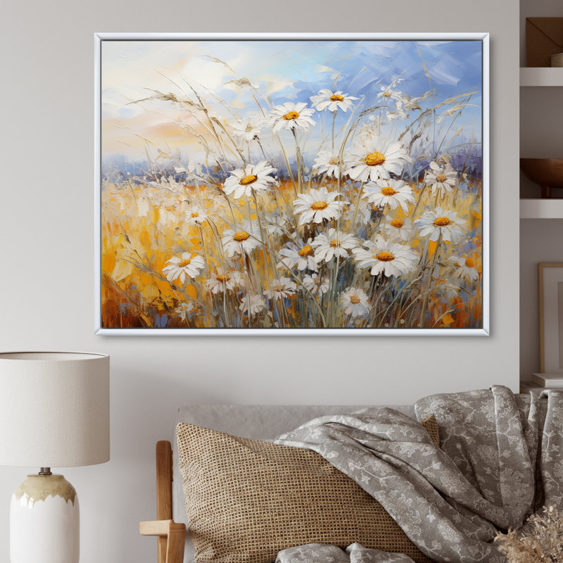 «Daisies Country Charm», impression d'art mural, H 16 po x l 32 po x P 1 po, Cadre flottant blanc