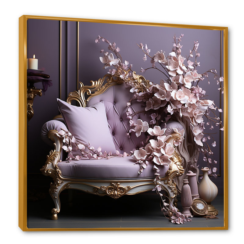 Canapé lilas orné d'accents dorés - lilas, art mural, H 36 po x l 36 po x P 1,5 po, Cadre flottant doré