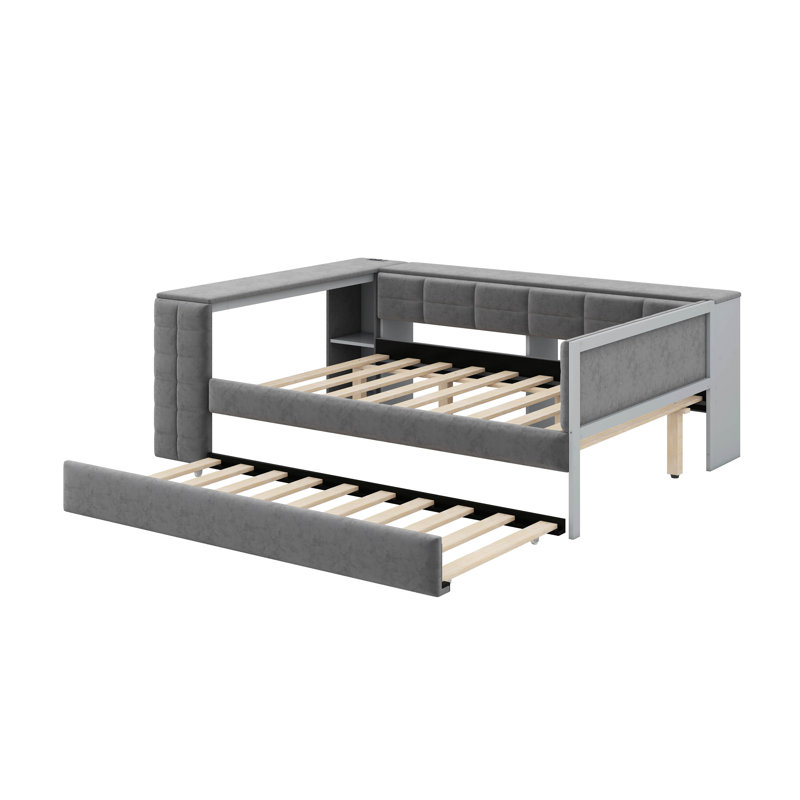 Lit plateforme double tapissier avec bureau et lit gigogne, Gris