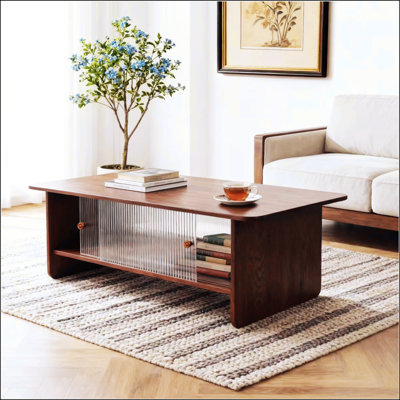 Table basse rectangulaire minimaliste moderne avec rangement, portes coulissantes en verre, assemblage facile