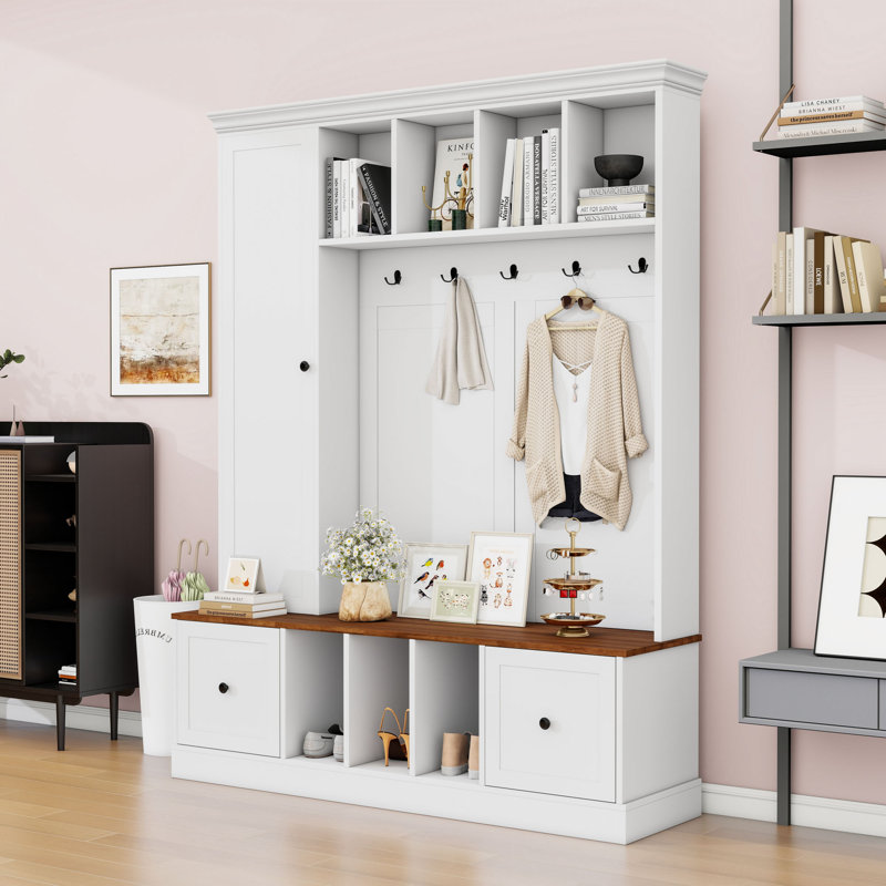 Arbre d'entrée avec banc de rangement, 5 crochets, armoire et tablettes, White