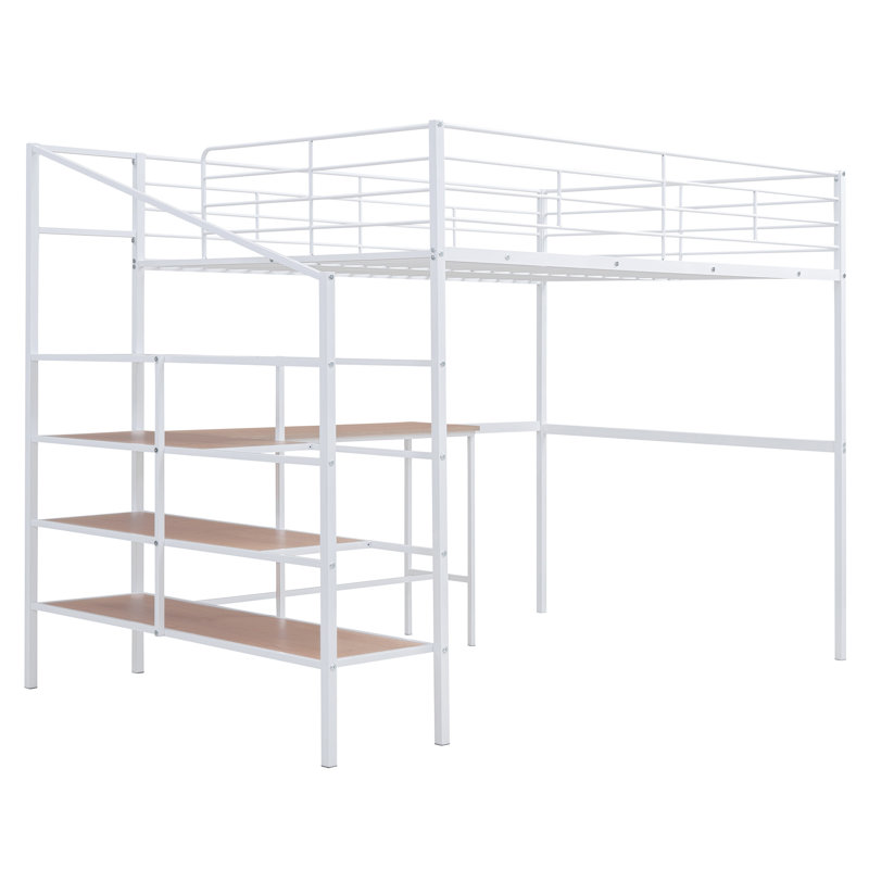 Lit mezzanine double en métal avec bureau et rangement latéral, blanc - Stylish Home Living Choice, White