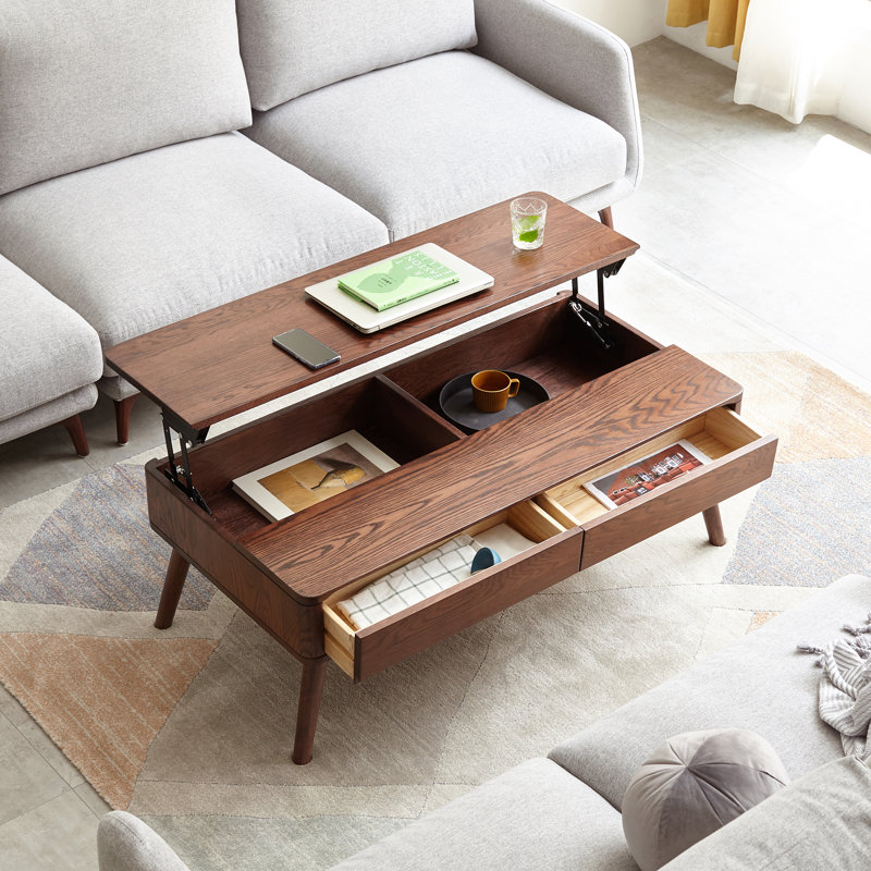 Elevating Center Table, Solid Wood Top, Ideal for Home Office and Dining, Easy to Assemble with Storage Shelf, Walnut