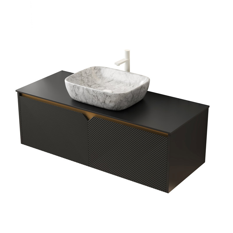 48.67-Inch Deep Bathroom Vanity & Sink Selection, Plywood Storage Cabinetry, Marble Pattern Ceramic Basin, Black Sintered Stone Countertop, Twill Double Doors With Metal Ornaments 48" Sink, Surface,