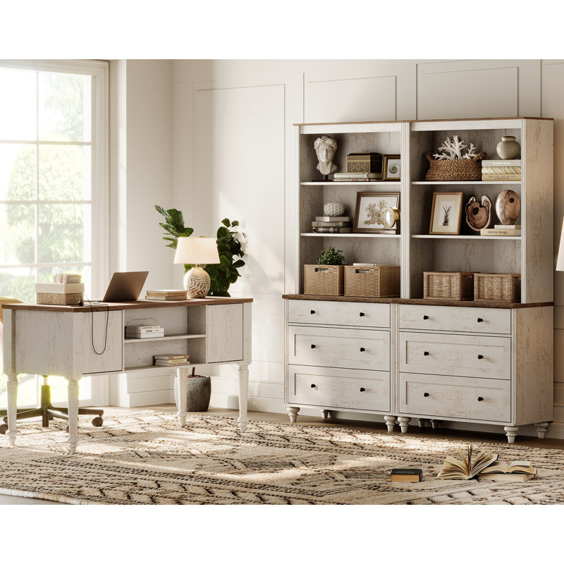 2 - Piece Office Set, 56" Executive Desk & Set Of 2 Bookcases With Drawers, Rustic White