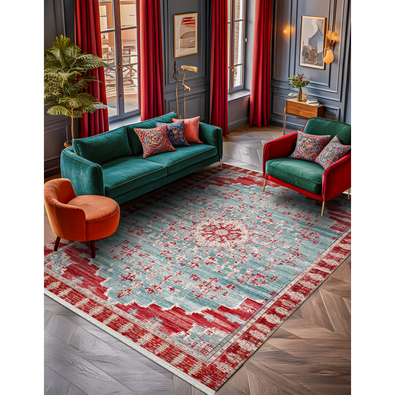 Tapis en coton à imprimé oriental bleu et rouge Gulustan, Rond 3 pi 4 po