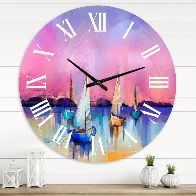 Petits vaisseaux sur un ciel marin rose - horloge murale moderne, Moyen