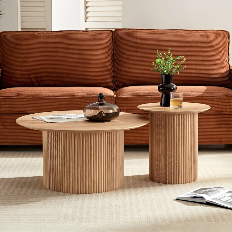 Set Of 2 Round Side Table And Coffee Table Circle Small Accent Table For Living Room Mid Century Circle Table Oak