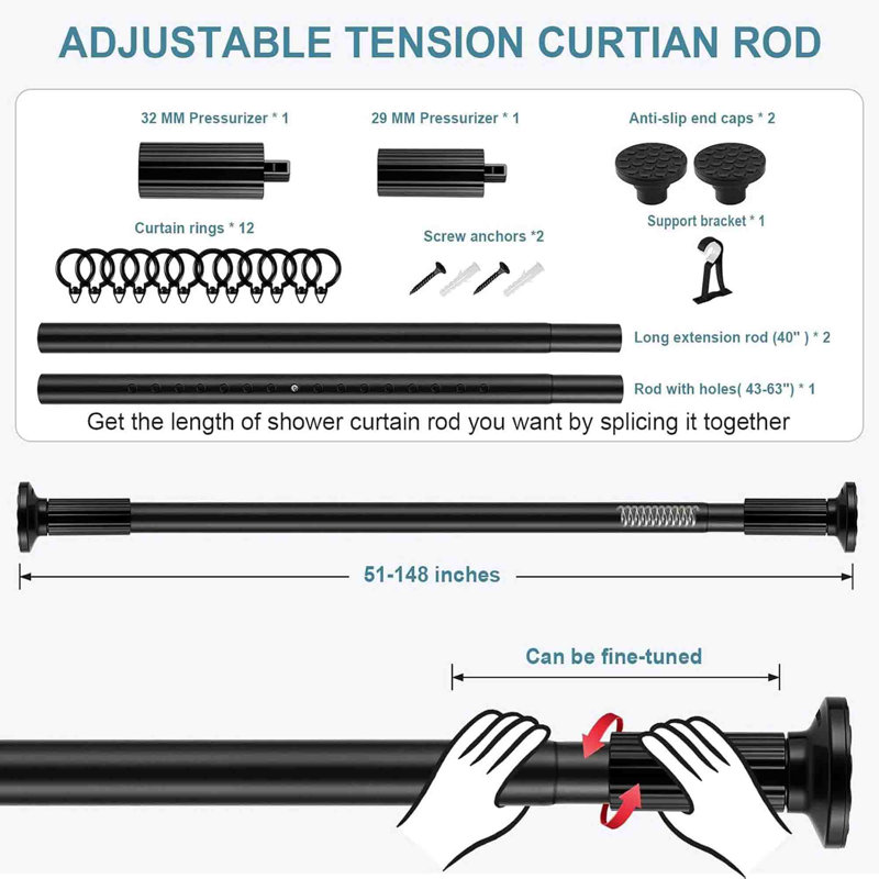 377cm Straight Shower Curtain Pole, Black