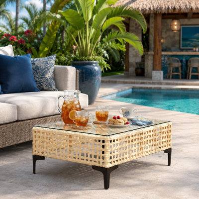 Table basse tissée pour patio avec plateau en verre trempé et structure de support en aluminium